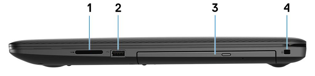 3 Inspiron 3780 의모습 오른쪽 1 SD 카드슬롯 SD 카드에서읽거나씁니다. 2 USB 2.0 포트외부스토리지장치및프린터와같은주변장치를연결합니다.