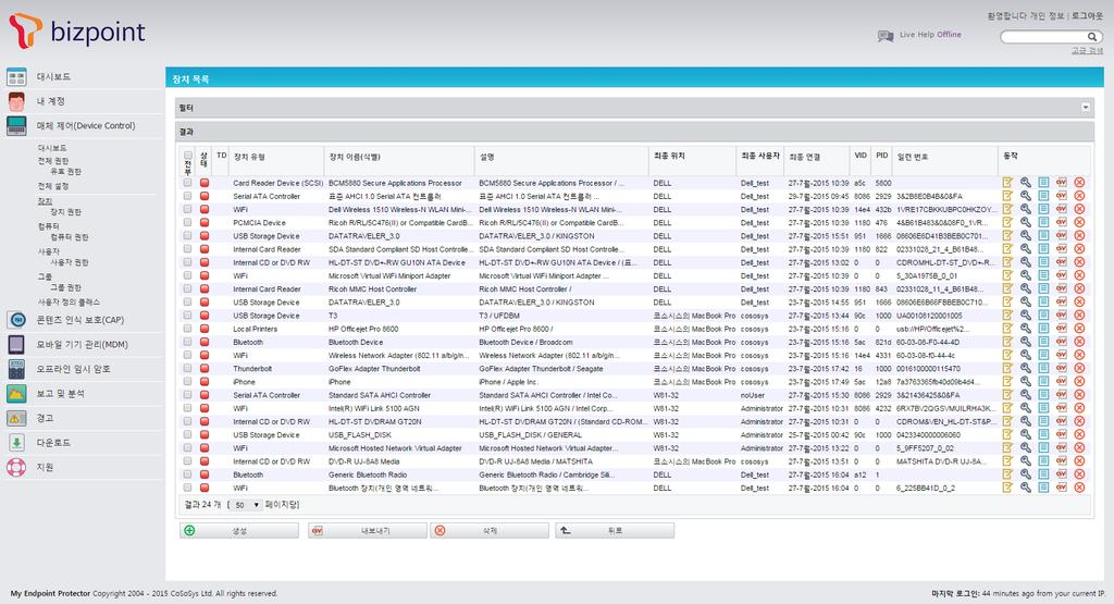 5.4. 장치 이모듈에서관리자가시스템내의모든장치를관리할수있습니다. My Endpoint Protector 에는자동시스템이구현되어있습니다. 즉, 클라이언트컴퓨터에연결된알수 없는장치를데이터베이스에자동으로추가하여관리가능하도록만듭니다.