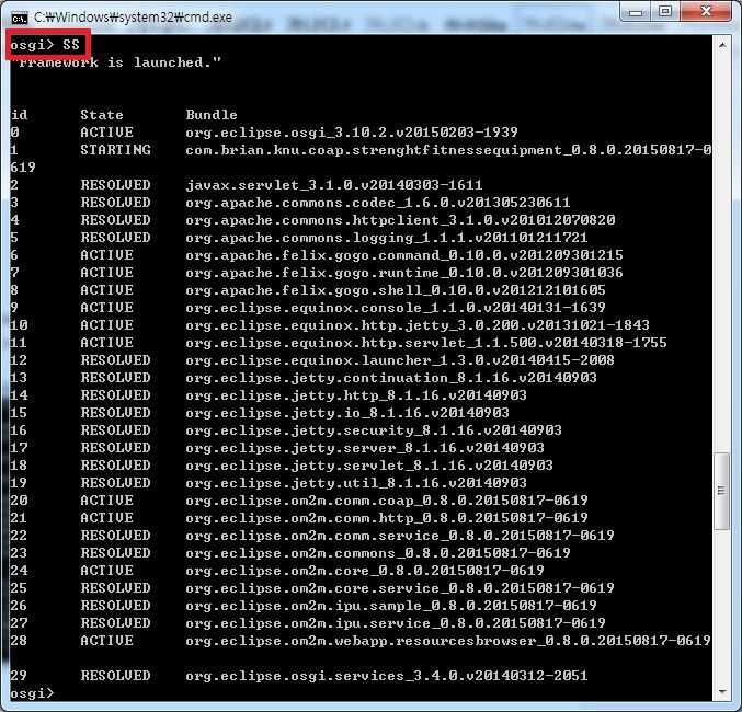 f. GSCL 에서 SS 를입력하면 Figure 20 과같이리스트가생성된다. 여기서 start 명 령어와함께설치된 bundle 을실행시킬수있다. 실행하려는 bundle 의번호를 Start 번호와같이입력하여실행한다. 예를들면 start 28 과같다.