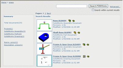 9 장 SolidWorks Office 구성요소 Web Portal Web Portal 의이름이 PDMWorks Workgroup Viewer 로변경되었습니다. PDMWorks Workgroup Viewer 의간략버전을사용할수있습니다. 이버전은주로검색에사용됩니다.