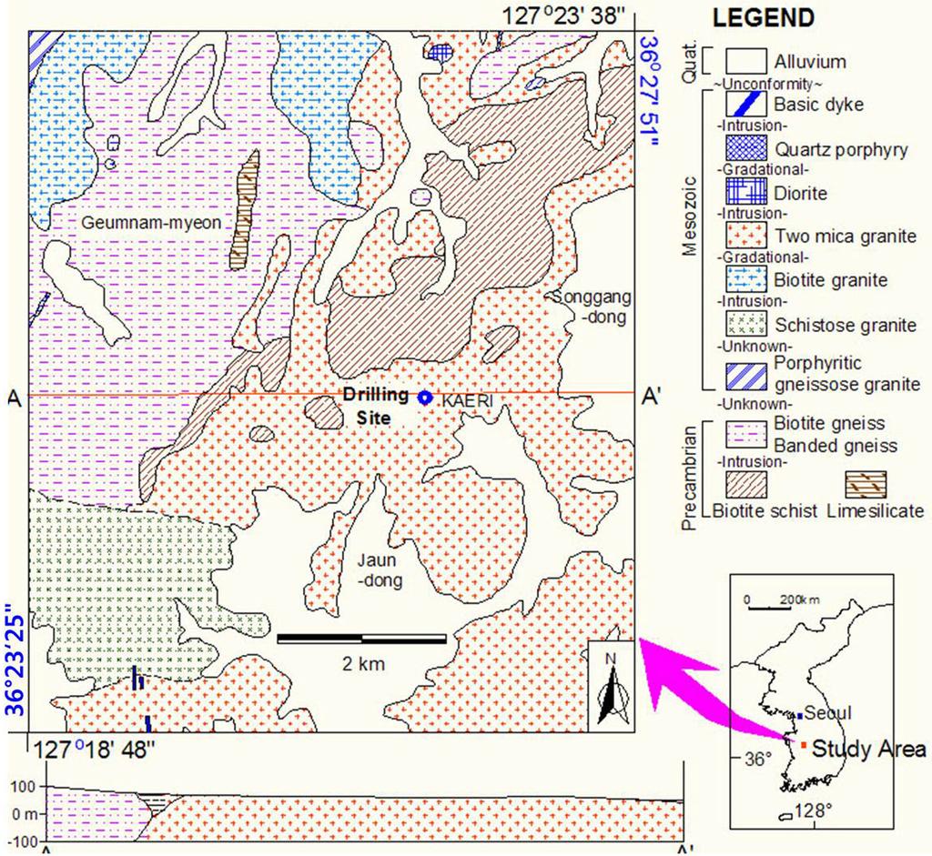 KURT 연구지역에서 지질모델을 이용한 수리지질모델의 구축 123 Fig. 2. Geologic map of the study area. Study area is located in the northern part of Daejeon.