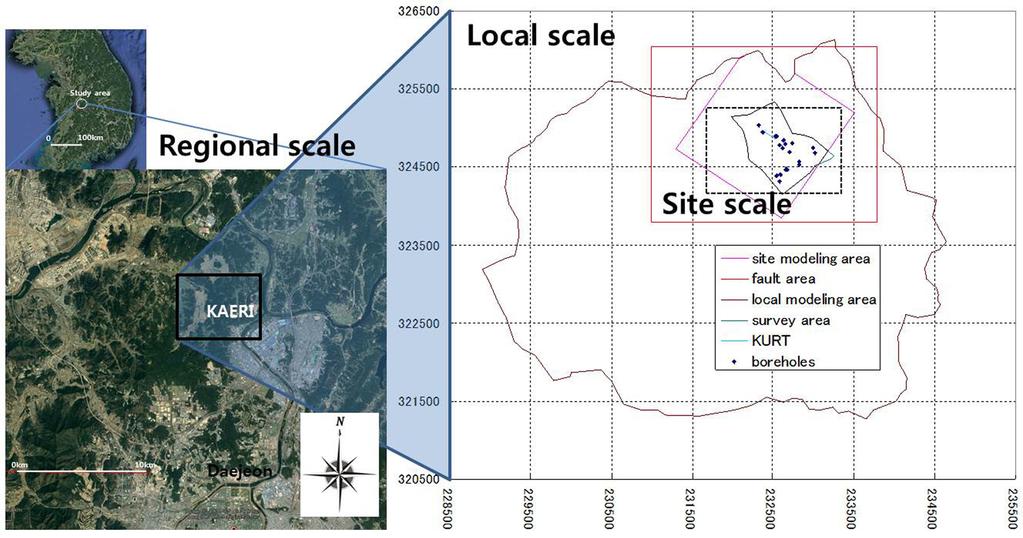 는데, 국지규모의영역을설정하기위하여광역규모의지하수유동모델링을통해연구지역의무유량경계의영역을이용하였으며, 부지규모는국지규모의한부분으로연구지역에대한상세현장조사가수행되었던부분을포함하여구성하였다 (Fig. 4). 본논문에서기술된 KURT 연구지역의지질모델및수리지질모델은현장조사자료가있는부지규모의영역에국한하여기술하였다. 2.3.