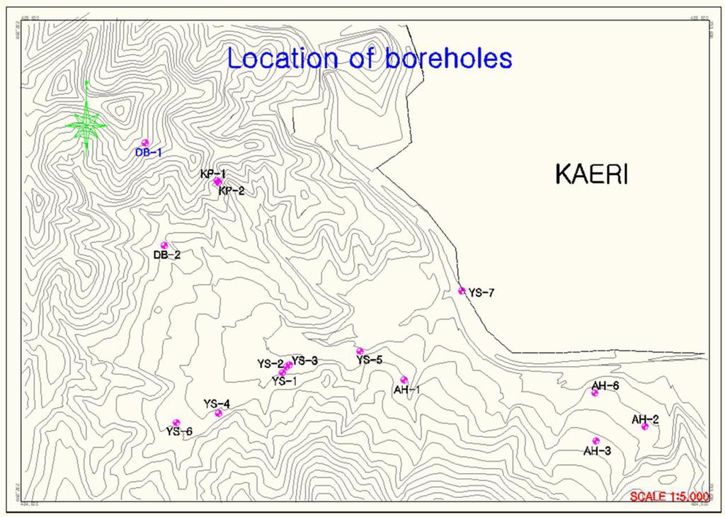 KURT 연구지역에서지질모델을이용한수리지질모델의구축 125 Fig. 5. Location of boreholes around KURT area. 3. 연구방법 KURT 연구지역의부지특성을평가하기위해먼저연구지역의지질모델을구축하였다.