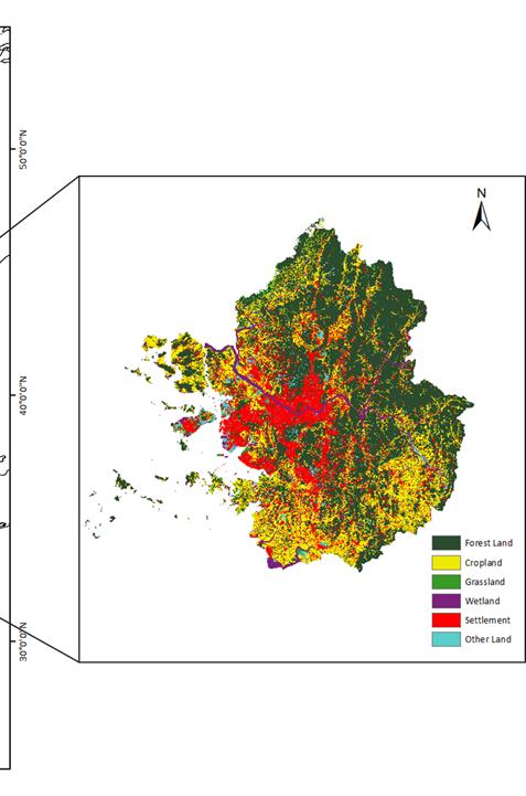 LULUCF 부문산림온실가스인벤토리구축을위한 Sampling 과 Wall-to-Wall 방법론비교 387 Fig. 1. Study area and land cover map. 상이하고자료의속성에따라활용성이다르기때문에먼저 20