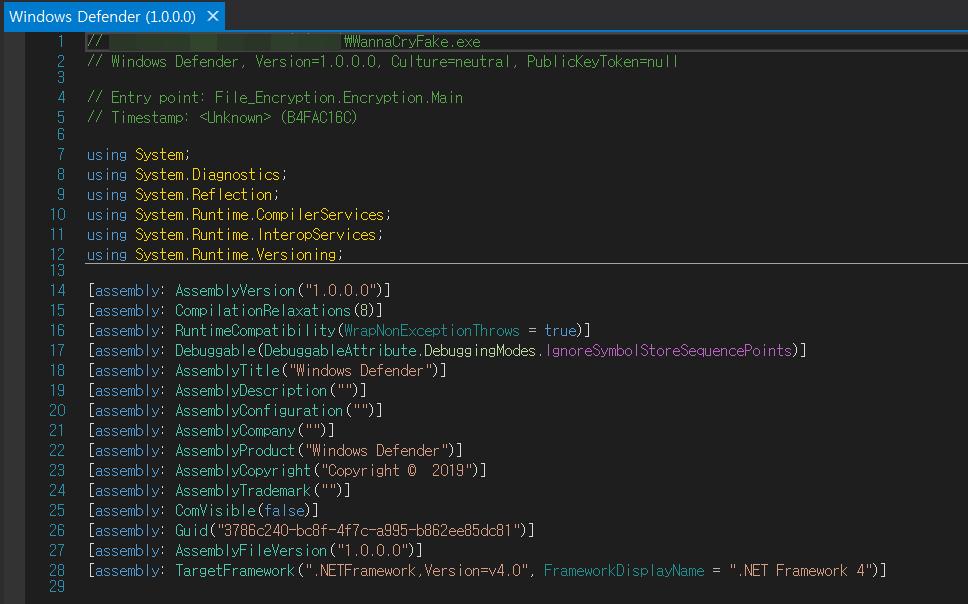 Net FrameWork 4 버전이상의실행환경을요구하는 C# 프로그래밍언어로 작성된악성코드이다.