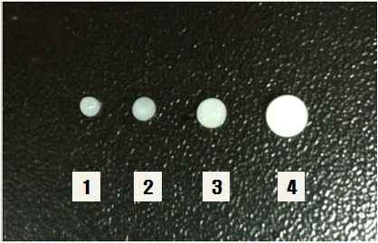 Table 2-10. 알지네이트비드크기및직경 Bead size Bead diameter(mm) Niddle size 1 0.8 30 2 1.5 24 3 2.0 18 4 2.5 16 식품첨가등급의 10% 탈지유, 10% 효모추출물, 10% 콩가루, 10% trehalose를보호제로선정하고 0.9% 생리식염수를대조구로사용하여동결보호효과를조사하였다.