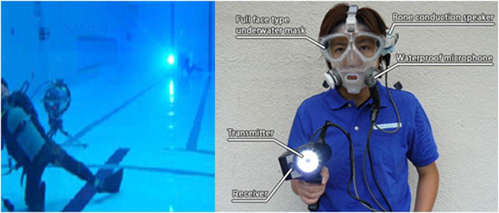 Study on Underwater Optical Communication System for Video Transmission 147 추세이다. 현재는수중다이버간의의사소통은미리약속된수신호를활용하거나, 음향파를이용한전통적인통신수단밖에존재하지않기때문에양질의음성, 영상이미지등의대용량데이터를전송하기어렵고, 작업선이나육상으로전달할수있는무선통신수단이없는실정이다.