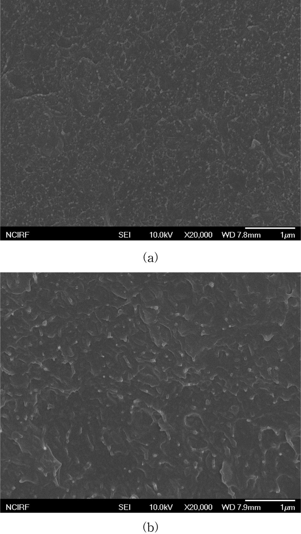 472 염효열 나효열 정대원 이성재 Figure 6. FE-SEM images of fracture surface of PS/graphene nanofiller nanocomposite specimens: (a) GO 3 wt%; (b) PSS-RGO 3 wt%. 서 성형한 시편의 저온 충격 파단면이다.