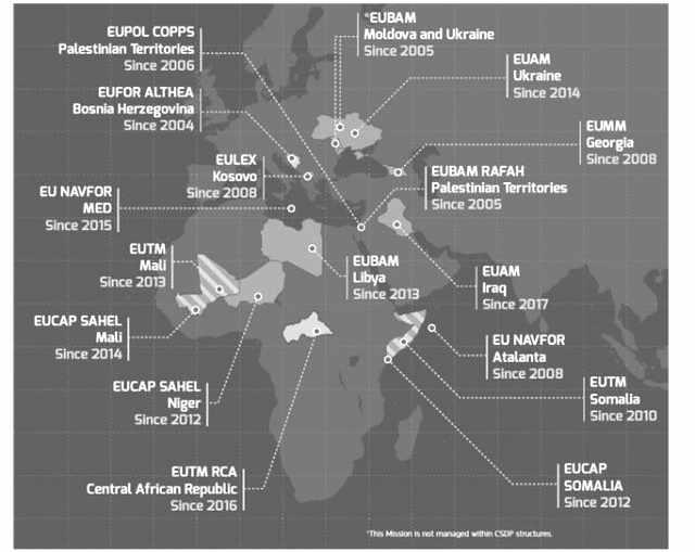 < 그림 1> EU 의군대파견 출처 : EU Missions and Operations fact sheets. 셋째, 예산과편제에도불구하고 EU가군사력에대해의심받는것은실전에서전투단보다는개별프로그램에따라설치된특별군이군사임무를수행하고있기때문이다. 다만, EU는특별군을일관되게운영할조직과지침을두고있어효율성누수를막고있다.