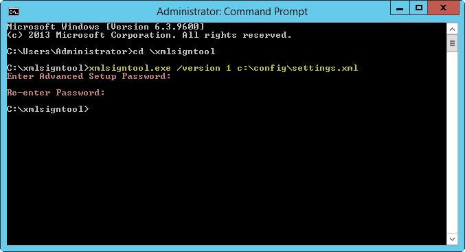 중요 /version 파라미터의값은ESET Mail Security 버전에따라다릅니다. ESET Mail Security 6.5의경우/version 1을사용합니다. 5. XmlSignTool에비밀번호를입력하라는메시지가표시되면고급설정비밀번호를입력하고확인비밀번호를다시입력합니다. 이제.