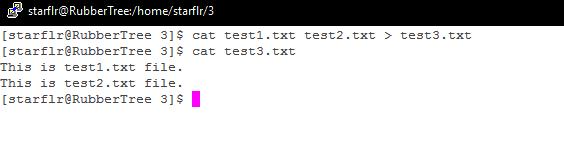 명령어 7 cat test1.txt test2.txt 그림 9.14 cat test1.txt test2.txt 실행예제 Box 9.4. 두개의파일합치기 (Redirect) Linux 에서는 command line을이용해서매우다양한일들을수행할수있다.