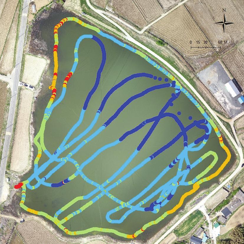 것에는 유용하게 활용할 수 있으나 수심 측정에는 한계가 있다는 것으로 나타났다. 이는 수심의 깊이와 수질, 탁도 등의 영향이 작용한 것으로 예상된다. 향후에는 수심 측정에 대한 UAV의 활용도를 높이기 위해 항공 LiDAR의 적용 등 보다 추가적이고 세밀한 연구가 필요할 것으로 판단된다. Fig. 9.