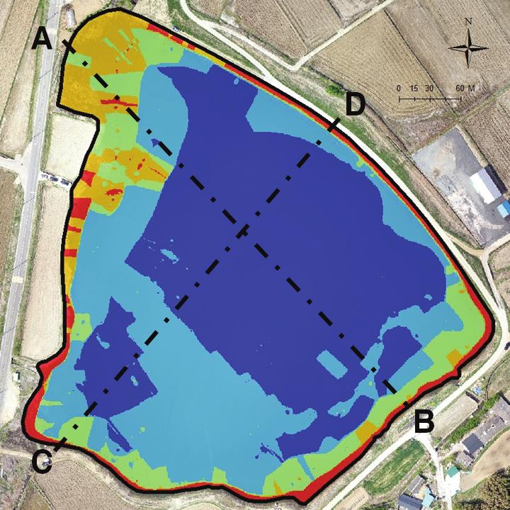 저수지 내부는 대부분 수심 이 2 m 이상으로 나타났다. (a) A to B (b) C to D Fig. 11. Profile Analysis of Reservoir Bed and DSM 4. 결 론 Fig. 10. Measurement Points of Depth by R2V2 (unit: m) Fig.