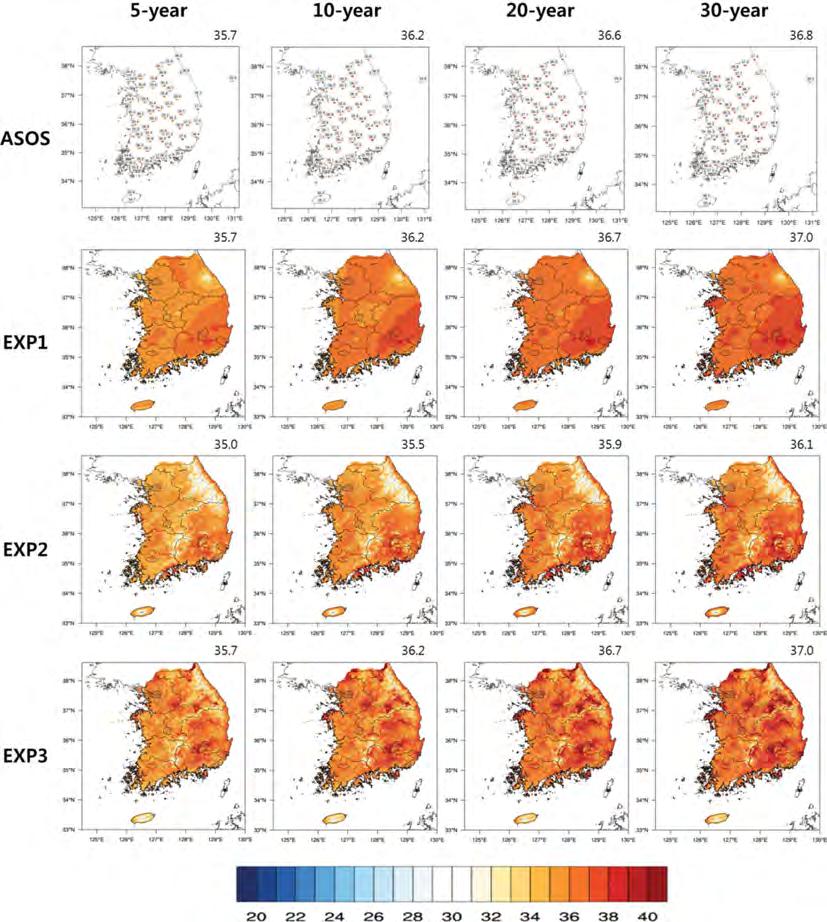 이준리 안중배 정하규 701 Fig. 3. Extreme value of daily maximum temperature over South Korea that can happens once in 5, 10, 20 and 30 years (Unit: o C). 각재현주기별추정된최고 최저기온의극한값및 99% 신뢰구간을 Fig. 5 에나타내었다.