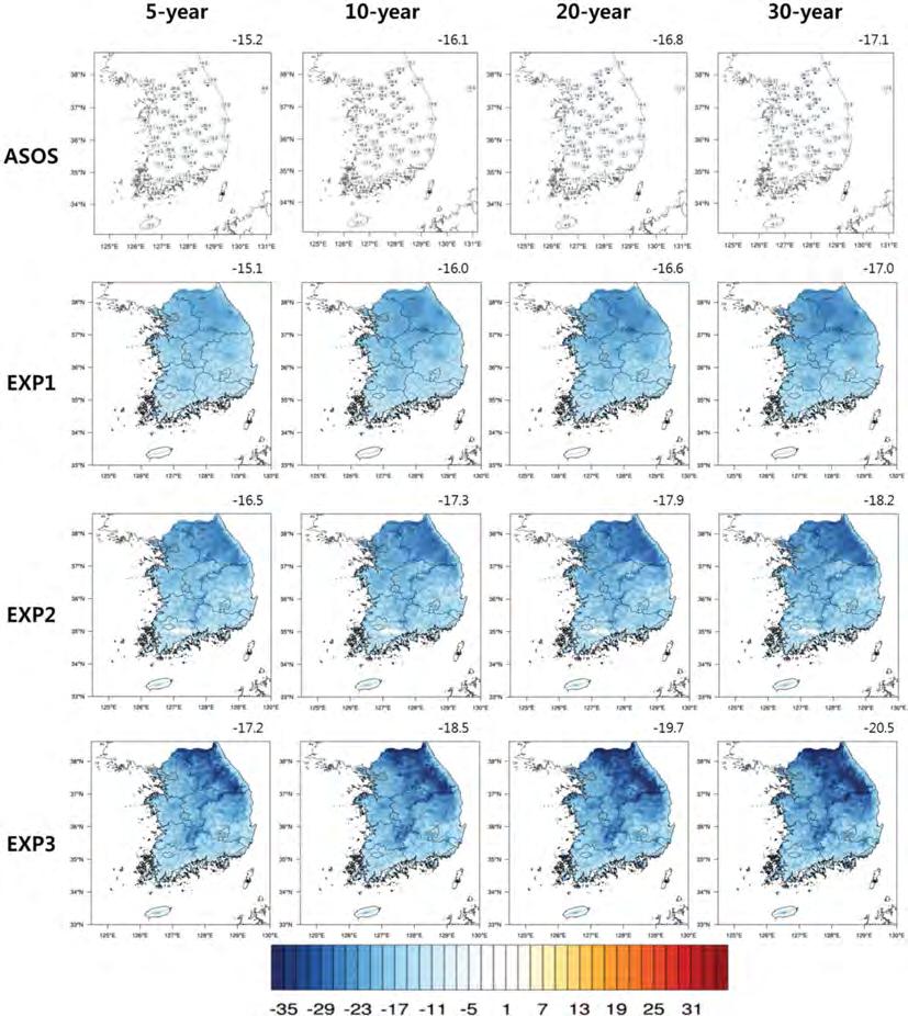 702 PRISM 과 GEV 방법을활용한 30 m 해상도의격자형기온극값추정방법연구 Fig. 4. Same as in Fig. 3, but for daily minimum temperature (Unit: o C). 도자료임에도불구하고남한의동쪽부근에위치한태백산맥과소백산맥등해발고도가높은지역에동그라미형태의분포가나타날뿐상세한극한값분포가나타나지않았다.