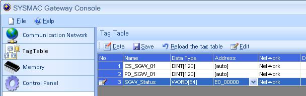 2) SYSMAC Gateway 의 Status 정보를모니터하기위해서 Tag 를생성합니다. 좌측메뉴의 Tag Table 을선택하고 Status 관련 Tag 를생성하고저장합니다.