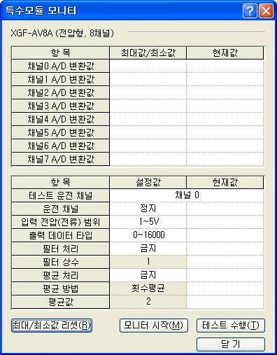 화면상단의모니터화면에서는 A/D 변환모듈의출력값과최대 / 최소값을보여주고화면하단의테스트화면에서는각모듈의파라미터항목을개별적으로설정할수있도록구성되어있습니다. [ 그림 5.