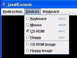 그림 6-8 JavaRConsole Devices( 장치 ) 메뉴 7. Devices( 장치 ) 메뉴에서선택한전달방법에따라플로피항목 1 개및 / 또는 CD 항목 1 개를선택합니다. Floppy Remote( 플로피원격 ): Floppy( 플로피 ) 를선택하여서버를 JavaRConsole 시스템에연결된물리적플로피드라이브내용으로재지정합니다.