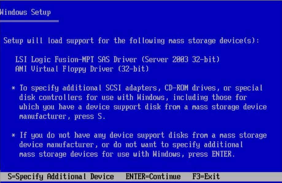 13. 설치중인 Windows 버전 (32 비트또는 AMD64) 에따라적합한 AMI Virtual Floppy Driver 버전을선택한후 Enter 키를누릅니다. Windows 설치시다음과같은화면이나타나선택한두가지드라이버를보여줍니다.