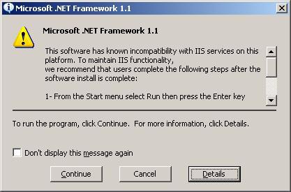 Windows Server 2003 64 비트용드라이버를업데이트하는경우 Microsoft.NET Framework 1.1 대화상자가나타납니다. 그림 8-2 Microsoft.NET Framework 대화상자 4. Microsoft.NET 을다음과같이설치합니다.