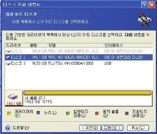 이창에제공된정보 ( 디스크번호, 용량, 레이블, 파티션및파일시스템정보 ) 를사용하여소스와대상을확인할수있습니다. 13.3.3 대상디스크선택 소스디스크를선택한후디스크정보를복사할대상을선택해야합니다.