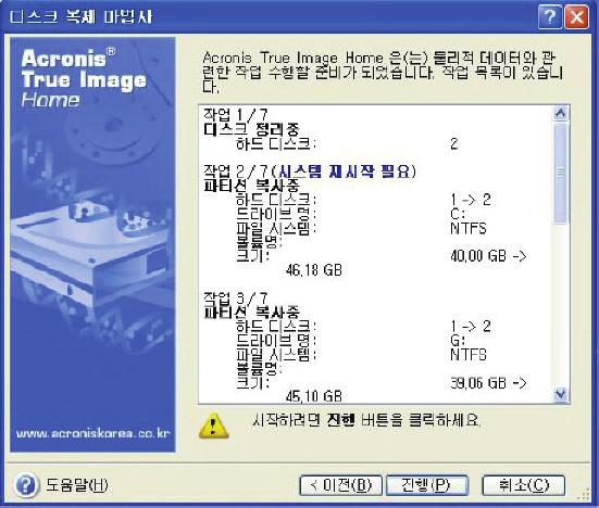 하드디스크번호와함께디스크용량, 레이블, 파티션및파일시스템정보를볼수있습니다. 프라이머리, 논리및할당되지않은공간을비롯한다양한파티션타입이서로다른색상으로표시됩니다. 이전단계에서수동파티션생성을선택한경우에는파티션레이아웃의모양이다릅니다. 이파티셔닝방법은아래에서설명합니다. 13.3.11 복제요약 다음창에는디스크에서수행되는동작을간략하게설명하는목록이표시됩니다.