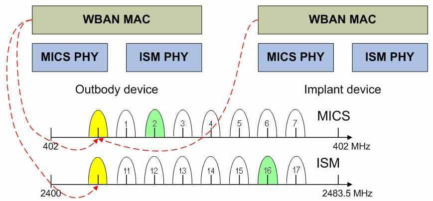 일반적인 ISM 대역과의료용서비스대역인 MICS 대역을모두사용할수있는방법을제 안하고있다. [ 그림 7] WBAN 의의료용대역과비의료용대역사용예 4. WBAN 을위한 MAC 프로토콜동향 IEEE 802.15.