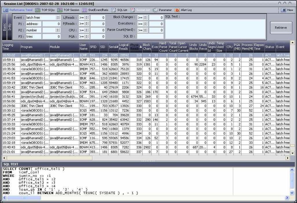를조건으로한 SQL 검색이가능. 해당 SQL 의수행시의일량및발생한대기정보를실행추이별로상세하게표시함.