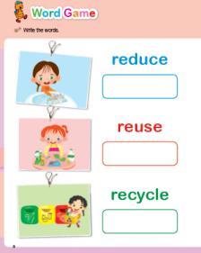 Words - 보드위의단어를빠르게짚어갈때어린이가해당단어를말해본다. - reduce, reuse, recycle, can,bottle, paper, plastic 2.