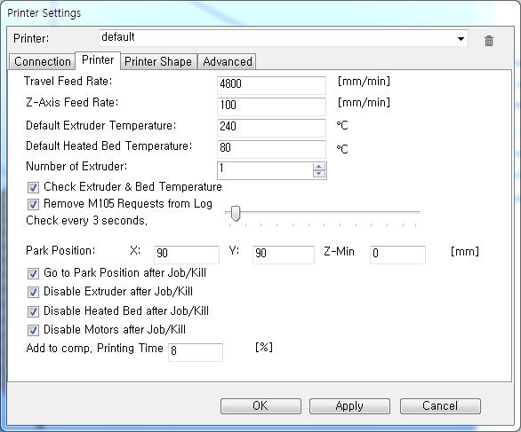 ABS 230 도 - PLA 185 도 Default Heated Bed Temperature( 기본히트베드온도 ) -