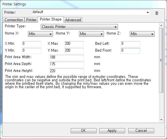 * 프린터종류및배드싸이즈설정 Printer Type Classic Printer X Min : 0 X Max : 200 Bed Left : 0