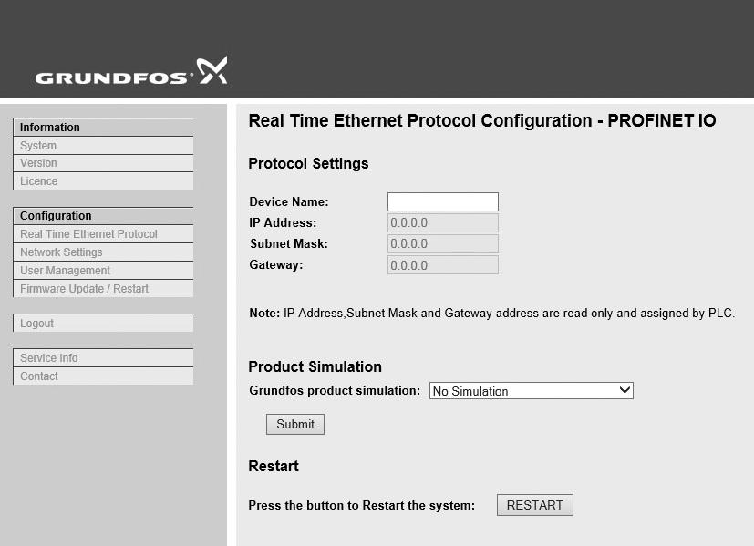 PROFINET IO configuration This web page is used to configure all the parameters relevant to the PROFINET IO protocol standard.