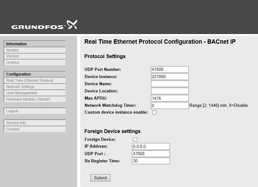 BACnet IP configuration This web page is used to configure some of the parameters relevant to the BACnet IP protocol standard.