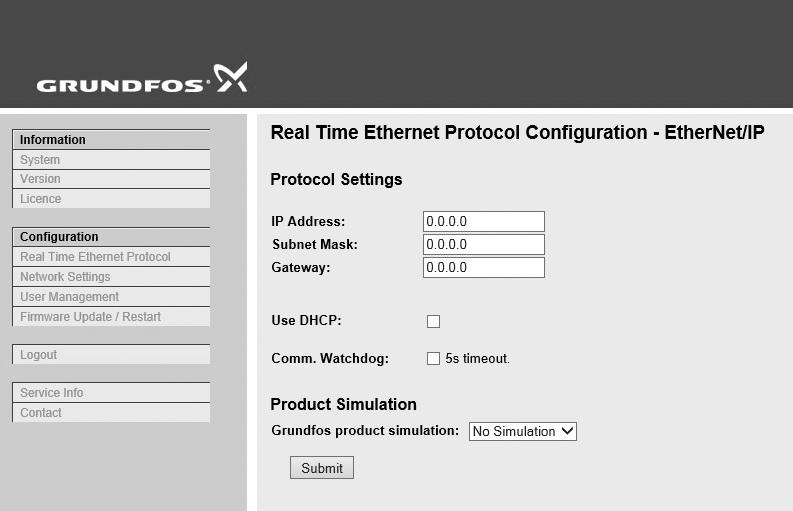 EtherNet/IP configuration This web page is used to configure all the parameters relevant to the EtherNet/IP protocol standard.