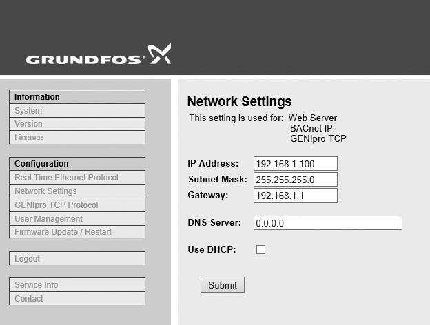 This web page is used to configure the network settings of the webserver and of the GENIpro TCP protocol. The network settings here are also used for BACnet IP.