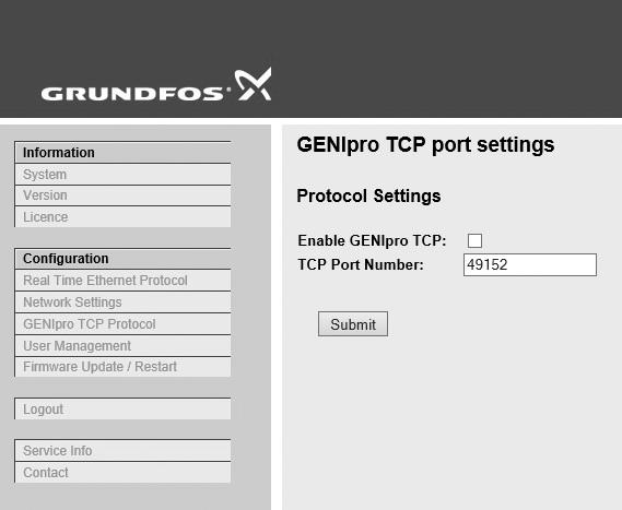 부록 GENIpro TCP port settings This web page is only present when the Modbus TCP protocol has been selected, SW1 is in position 1.