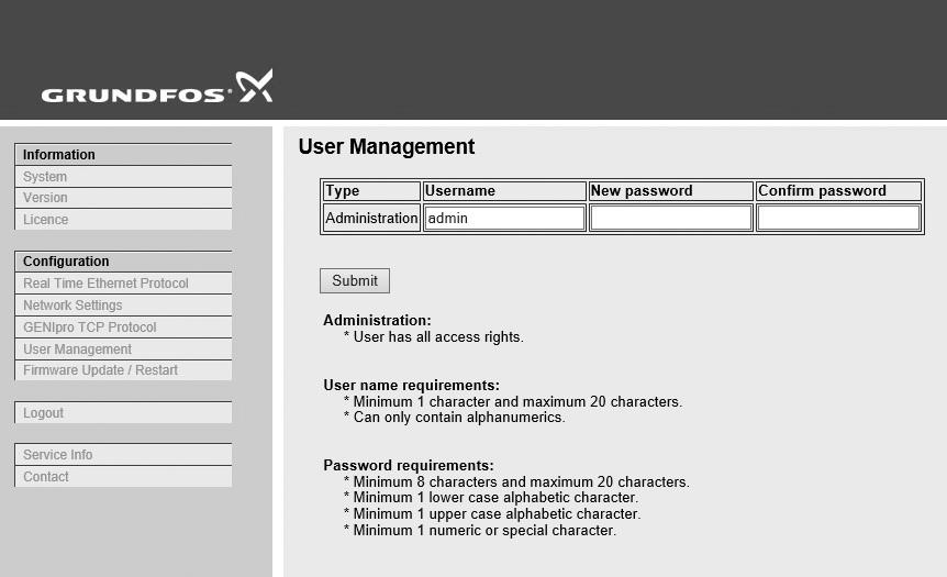 User Management A login is required for any change of the CIM 500 settings, and this web page is used to configure the