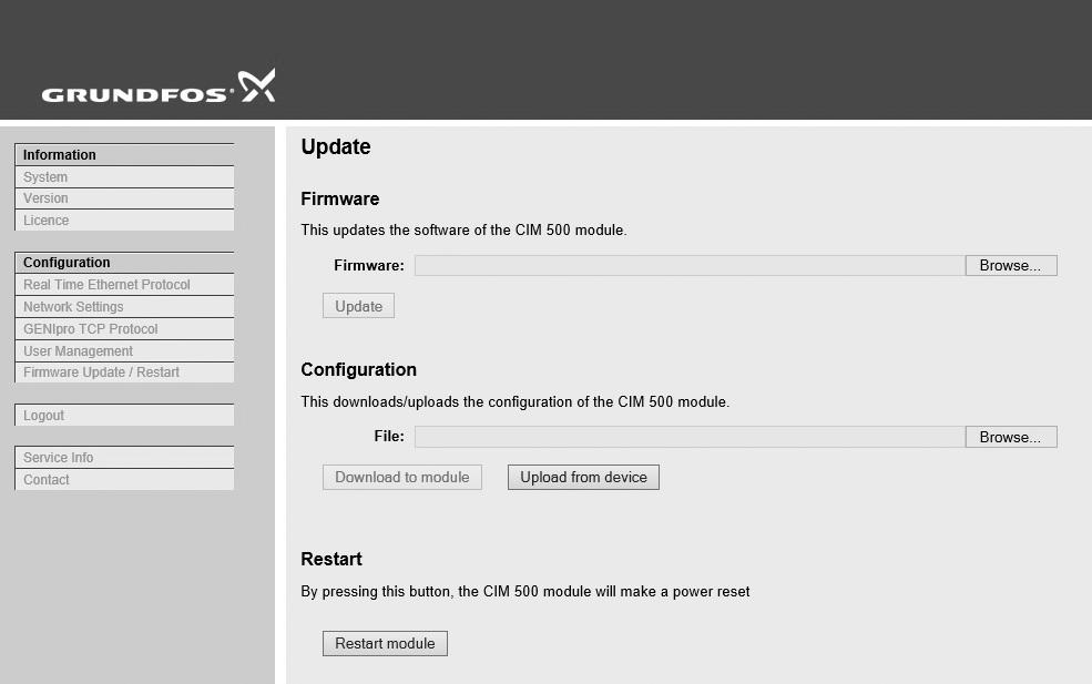 부록 Update You can update the firmware by means of the built-in webserver. The binary file is supplied by Grundfos.