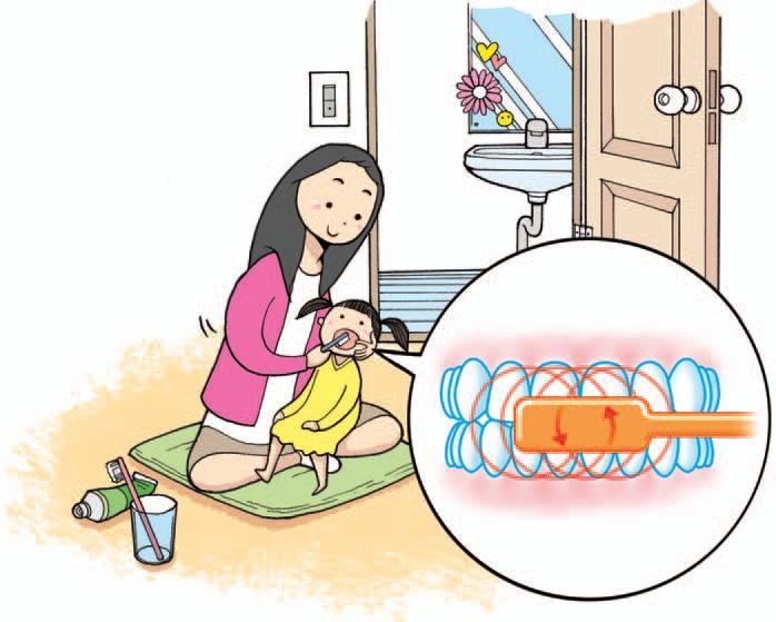 After brushing the teeth in a circular motion, let the toddler open his or her mouth and brush the teeth back and forth, then brush the tongue by moving the brush forward.
