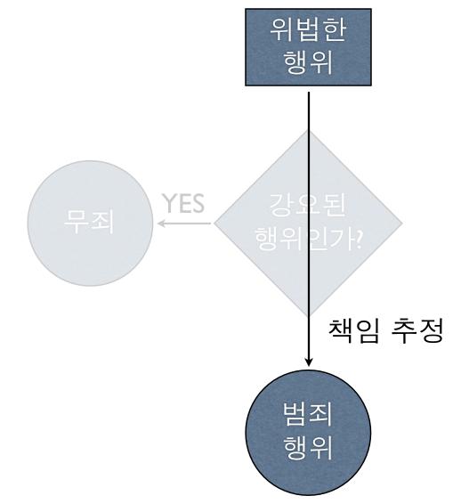 2. 실체법적측면 (substantive) 에서, 강요된행위같은책임조각사유가없다면곧범죄행위로보게됩니다. 예를들어강요된행위가문제되지도않는데법원이굳이강요된행위여부를판단하지는않습니다.