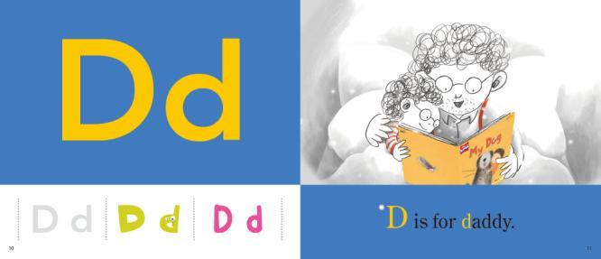 ( 소문자 d 을가리키며 ) Small letter d. D is for daddy. Point at small letter d. We can find /d/ in daddy. ( daddy 을가리키며 )There are 3 ds.