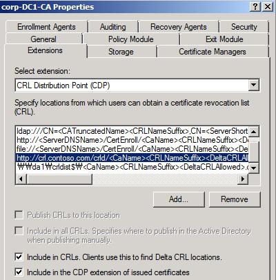 10. Click Add. 11. In Location, type \\da1\crldist$\. 12. In Variable, click <CAName>, and then click Insert. 13. In Variable, click <CRLNameSuffix>, and then click Insert. 14.