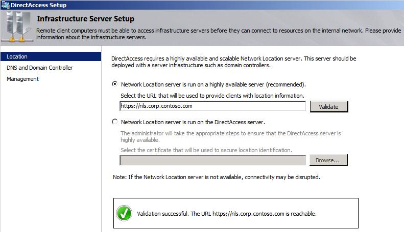 server, type https://nls.corp.contoso.com, click Validate, and then click Next. 11.