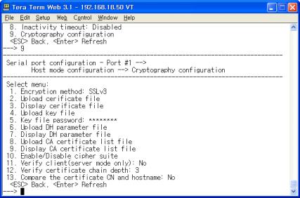4.2 Serial/IP 4.2.1 PSx10, SS, STS Device Server 4.2.2 Device Server - Encryption method : SSL v3, SSLv3 rollback to V2, TLS v1-2. Upload certificate file: Serial/IP Samplecert.pem - 4.
