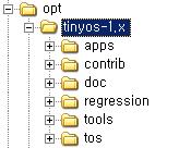 1.1. 디렉토리구조 TinyOS는 Cygwin의 'opt' directory안에 tinyos-1.x라는이름을가지고위치하고있다. 그림 Ⅱ-1-2 TinyOS 디렉토리구조 tinyos-1.x 하부디렉터리들을좀더살펴보겠다.