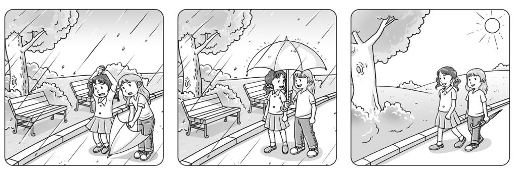 8. 다음을읽고, 내용에맞게그림을순서대로배열한것을고르시오. It was a sunny day. I met Lisa in the park. Suddenly it started to rain. Lisa had an umbrella. We used it together. I was lucky. Thanks, Lisa!