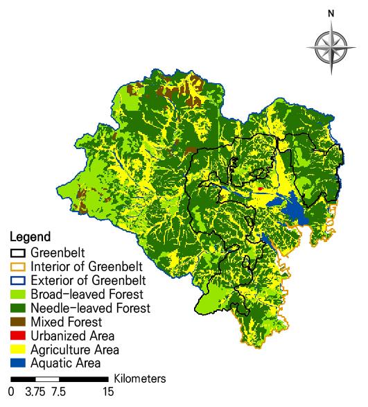 Figure 2 _ Maps Showing the Land Cover Change in GB Around the Ulsan Metropolitan Area 1918 1975 1986 1994 2003 2016 외부지역(EGB)은 침엽수림과 활엽수림이 유사한 면 화단지의 조성으로 인해 도시화 면적이 증가하였다 적으로 넓은 면적을 차지하였고, 농경지,