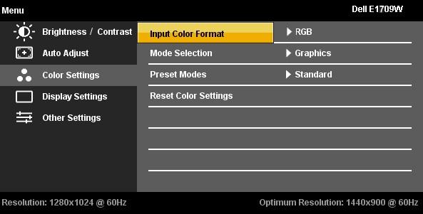 색상설정을사용하여색상설정모드와색온도를조정합니다. VGA 와비디오입력에사용되는여러색상설정하위메뉴가있습니다. 입력색상형식 모니터가 VGA 케이블을통해 PC 또는 DVD 에연결된경우 RGB 옵션을선택합니다.