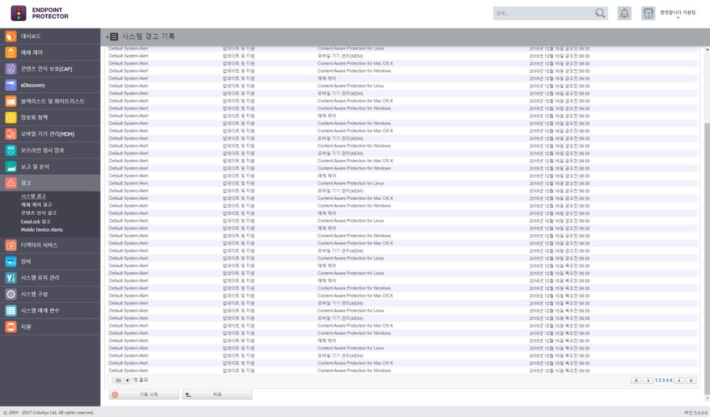 107 Endpoint Protector 사용설명서 11.1.1. 시스템경고기록 시스템경고기록은감사에사용할수있습니다.